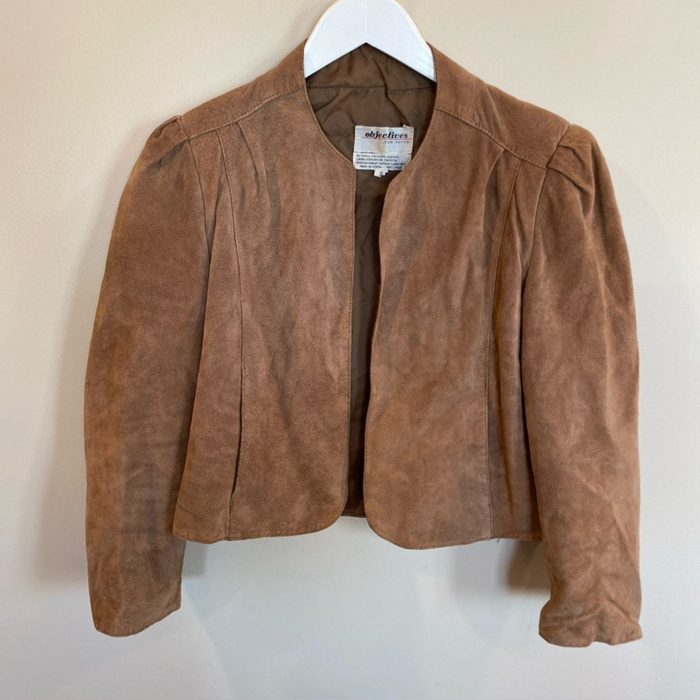 Vintage Objectives For Petites Pig Suede Leather Open Cropped Jacket Brown Small
